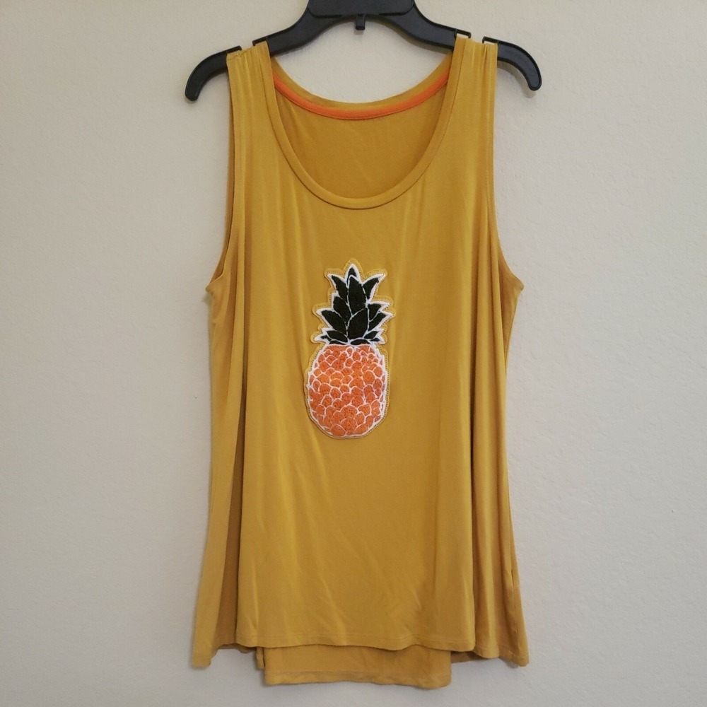 Yellow Pineapple Applique Tank Top Sleeveless Viscose Blend Casual‎ Cute